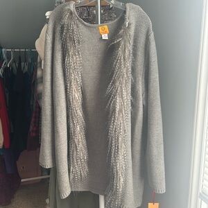 Ruby Rd. Gray Knit Cardigan with Faux-Fur Trim